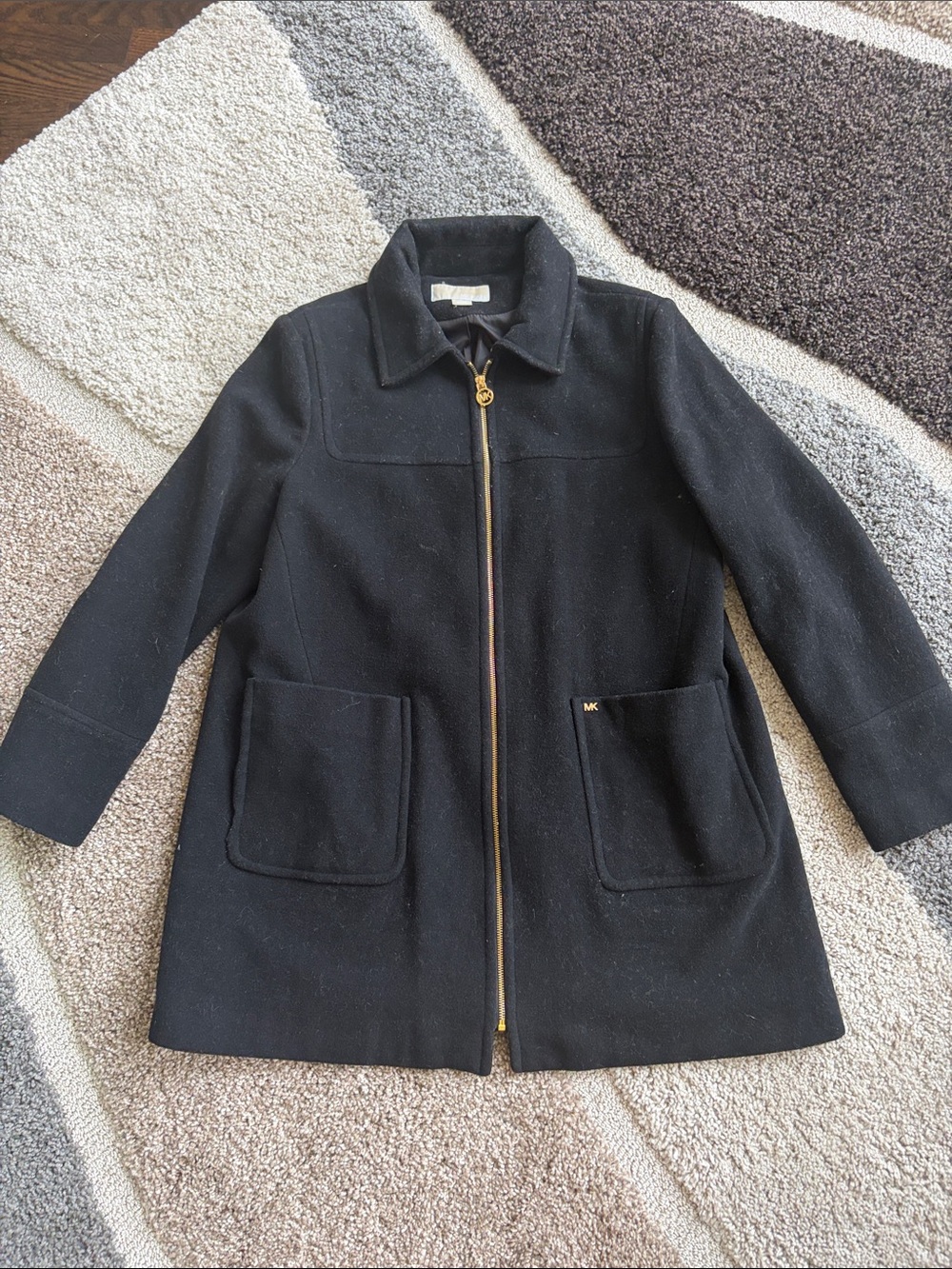 Michael Kors Black Wool Zip Coat with Gold Trim